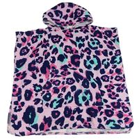 Růžové froté osuškové pončo s leopardím vzorem a kapucí TU