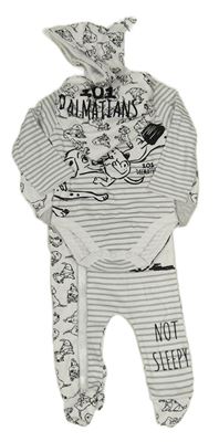4set- bílo-šedý pruhovaný overal s dalmatinem+ body+ čepice+ slinták Pep&Co