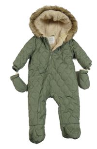 Khaki šusťáková prošívaná zimní kombinéza s kapucí+ rukavice F&F