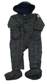 Tmavozeleno-tmavomodrá kostkovaná zimní kombinéza s kapucí + rukavice + capáčky M&Co.