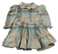 Béžovo-modro-hnědé kostkované šaty s límečkem 