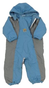 Modro-šedá šusťáková zimní kombinéza s pejskem a kapucí