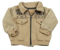 Béžová propínací mikina s nápisy a chlupatými rukávy 