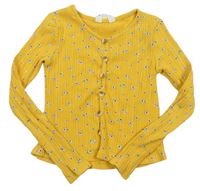 Žluté žebrované crop triko s kytičkami H&M