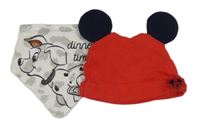 2set - Červená čepice s oušky + bílý vzorovaný slinták s dalmatinem Disney 