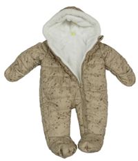 Béžová šusťáková prošívaná zimní kombinéza se zvířátky a kapucí 