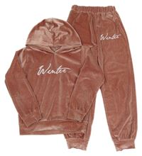 2set - Starorůžová sametová mikina s nápisem a kapucí + kalhoty 