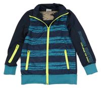 Tmavomodro-tyrkysová pruhovaná šusťáková sportovní bunda s nápisem Yigga