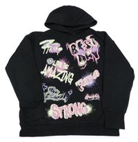 Černá mikina s nápisy a kapucí Primark 