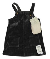 Nové - 2set - Tmavošedé sametové žebrované šaty + smetanové punčocháče George 