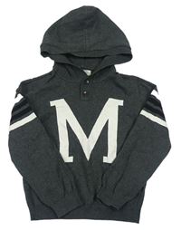 Tmavošedý melírovaný svetr s písmenkem a pruhy a kapucí zn. H&M