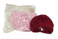 2Set - Vínová turbanová čepice s mašlí + světlerůžové saténové kalhotky pod šaty s krajkovými volánky