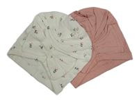 2x - Žebrovaná nařasená turbanová čepice s mašlí - Bílá květovaná, pudrová PRIMARK