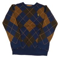 Tmavomodro-hnědo-tmavohnědý károvaný svetr s nášivkou Next 
