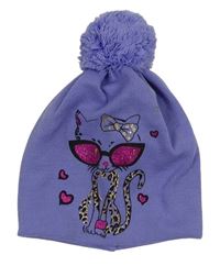 Fialová vlněná čepice s kočičkou a bambulí