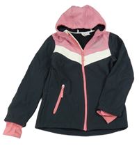 Tmavomodro-bílo-růžová softshellová bunda s nápisy a kapucí Y.F.K.