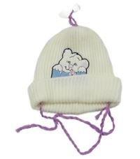 Smetanová žebrovaná pletená zavazovací čepice s medvídkem 