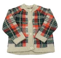 Světlebéžovo-červeno-smaragdovo-tmavomodro-zlatý kostkovaný vlněný propínací svetr H&M