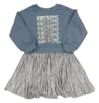 Modrošedo-šeo/stříbrné teplákovo/plisované šaty s nápisy M&S