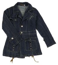 Tmavomodrý riflový kabát s kamínky a šněrováním a límečkem