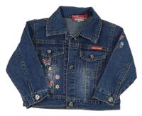 Tmavomodrá riflová crop bunda s motýlky a límečkem 