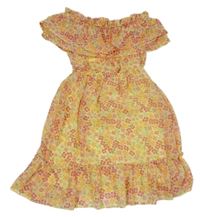 Světležluté květované šifonové šaty s volánky 