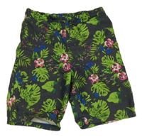 Tmavošedé plážové kraťasy s listy a květy 