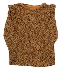 Medovo-černé vzorované kytičkované žebrované triko s volánky F&F