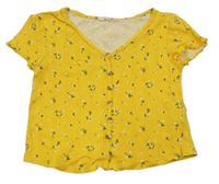 Hořčicové květované crop tričko s knoflíčky H&M