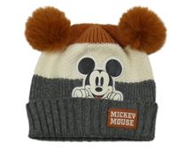 Hnědo-smetanovo-tmavošedá pletená čepice s Mickeym a bambulemi Primark