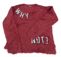 Vínový chlupatý svetr s nápisem z flitrů