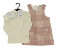 Nové - 3set - Starorůžovo-růžové kostkované vlněné šaty + krémové žebrované triko se stojáčkem + punčocháče F&F