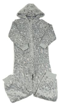 Šedá chlupatá kombinéza s leopardím vzorem a kapucí Next
