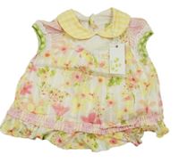 Nové - Bílo-žluto-růžové květované šaty s límečkem