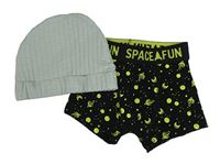 2set - Světlezelená žebrovaná bavlněná čepice + černé boxerky s planetami