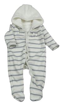 Smetanovo-šedo-světlemodrá pruhovaná tepláková kombinéza s chlupatou kapucí Dunnes