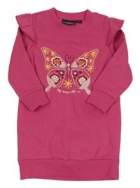 Fuchsiové teplákové šaty s motýlem z květin a volánky