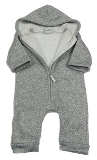 Šedá melírovaná pletená zateplená kombinéza s medvědy a kapucí Topomini