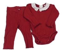 2set - Tmavočervené perforované body s límečkem s madeirou + legíny H&M