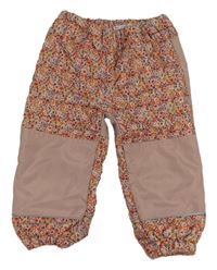 Starorůžové květované šusťákové zateplené kalhoty 