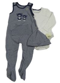 Nové - 3 set - bílé body + tmavomodré pruhované dupačky s medvědy + čepice George