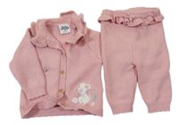 2 set - růžové pletené tepláky s volánkem + růžový propínací svetr s myškou Jojo Maman Bébé