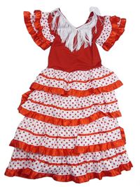 Kostým - Bílo-červené puntíkaté šaty s třásněmi a volánky