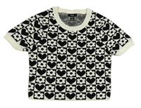 Černo-bílá vzorovaná crop úpletová vesta s květy a srdíčky New Look