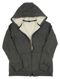 Tmavgošedá melírovaná zateplená propínací mikina S kapucí Kiabi