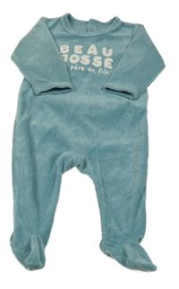 Modrozelený plyšový overal s nápisem 