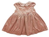 Růžové sametové šaty s mašlí a límečkem H&M