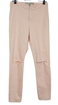 Dámské světlerůžové skinny rifle s dírami Denim