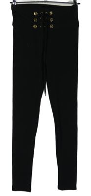 Dámské černé žebrované legíny se šněrováním 