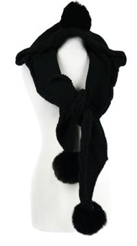 Dámská černá pletená čepice se šálou a bambulemi 